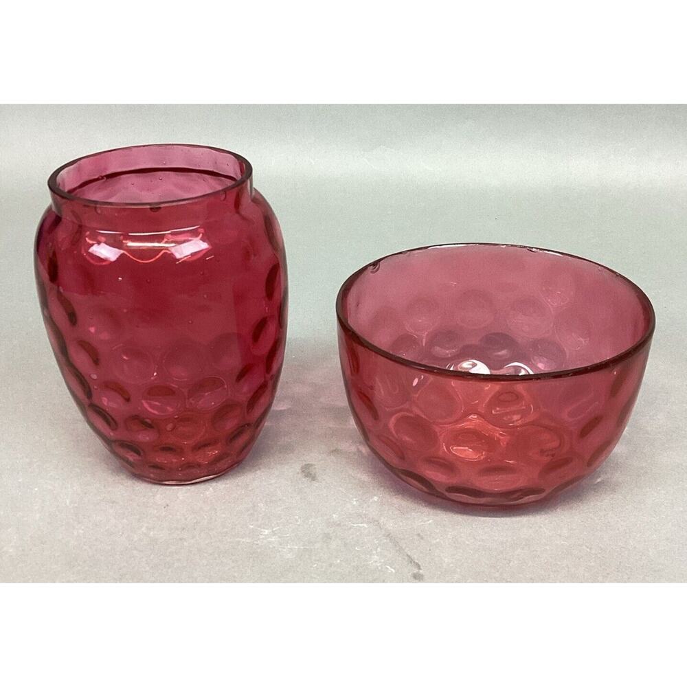 Vintage Fenton Cranberry Dot Finger Bowl And Vase Set